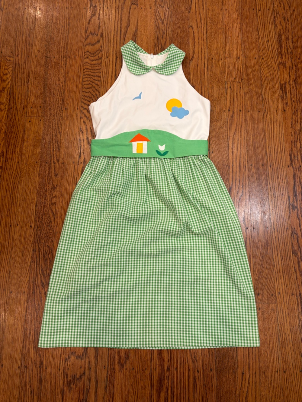 🌿 Vintage Florence Eiseman | Green Gingham Appliqué Dress | Girls Size 10